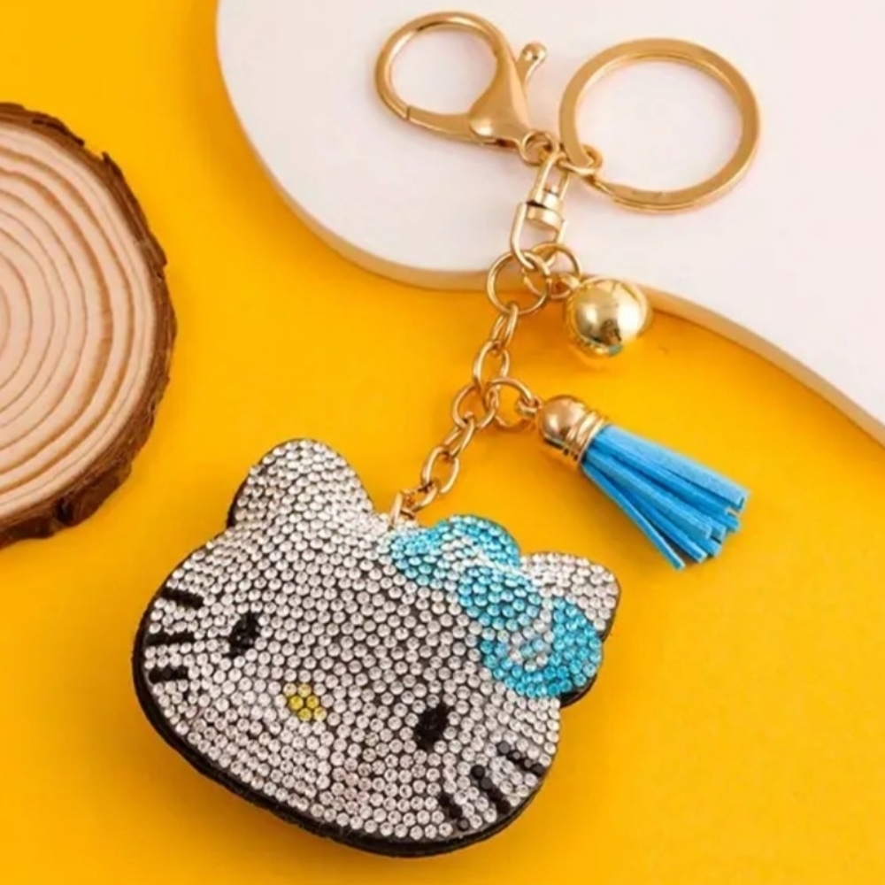 Hello Kitty Blue Bow Crystal Rhinestone Keychain Bag Charm With Tassel
